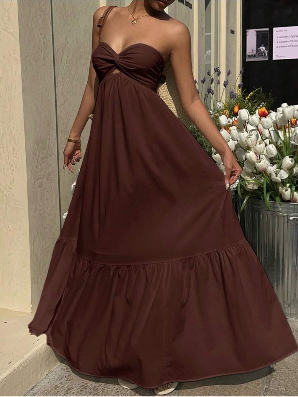 Chocolate Brown Twist-Front Maxi Dress
